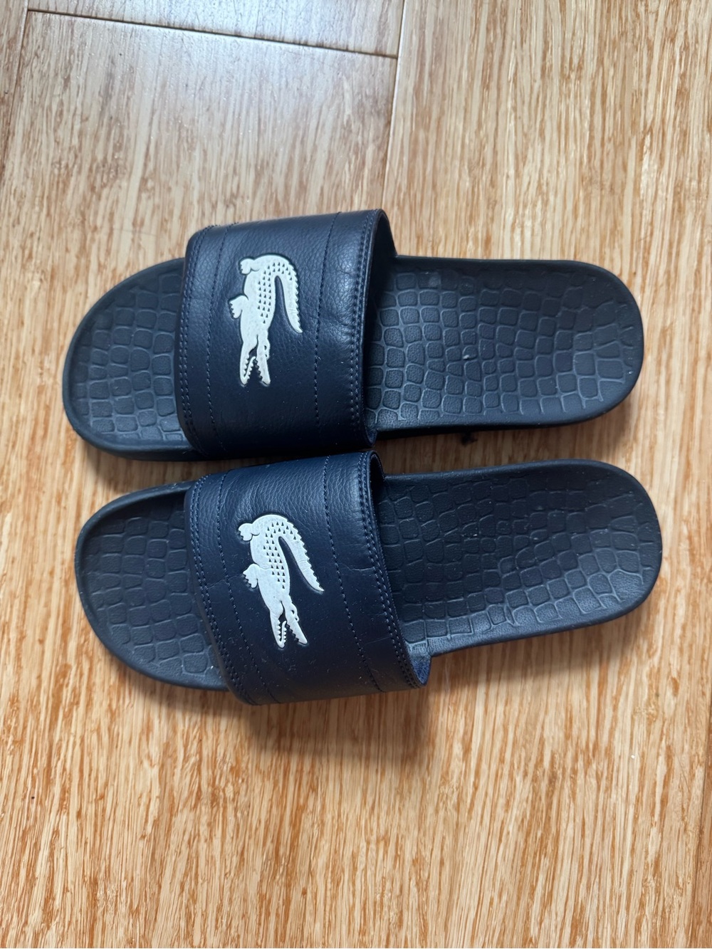 Lacoste Navy Slide Sandals with White Crocodile Logo